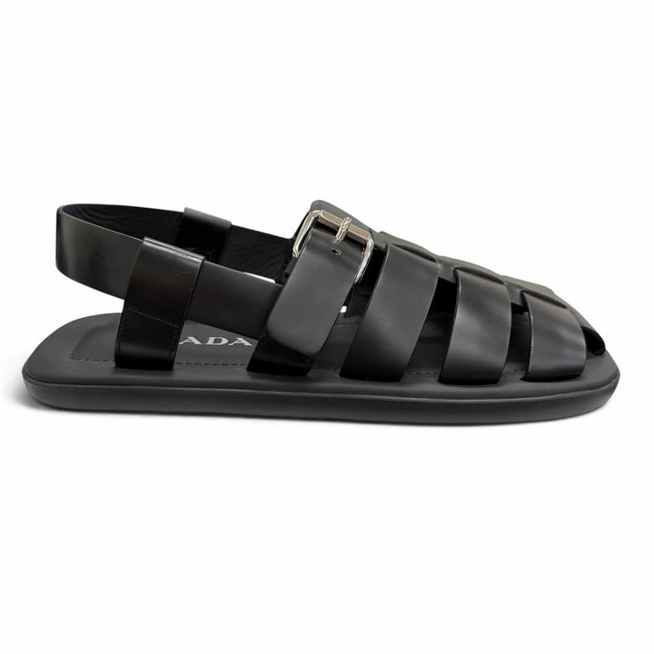 Pristine PRADA Sandals Backstrap Gurkha black Brushed leather mens 8 2X3093