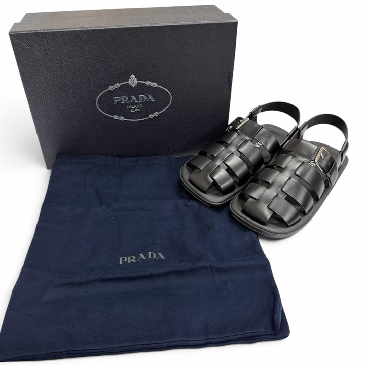 Pristine PRADA Sandals Backstrap Gurkha black Brushed leather mens 8 2X3093
