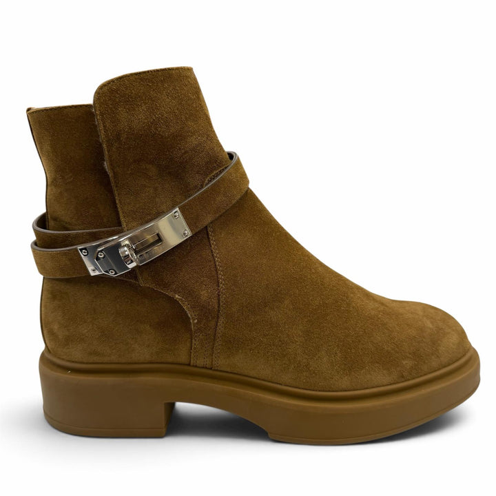 Excellent HERMES short boots veo Kelly buckle sheepskin Brown Mouton Women 36