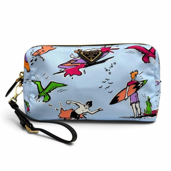 Excellent PRADA Pouch Re-Nylon Triangle Logo Surf Print with Wristlet 1NS693