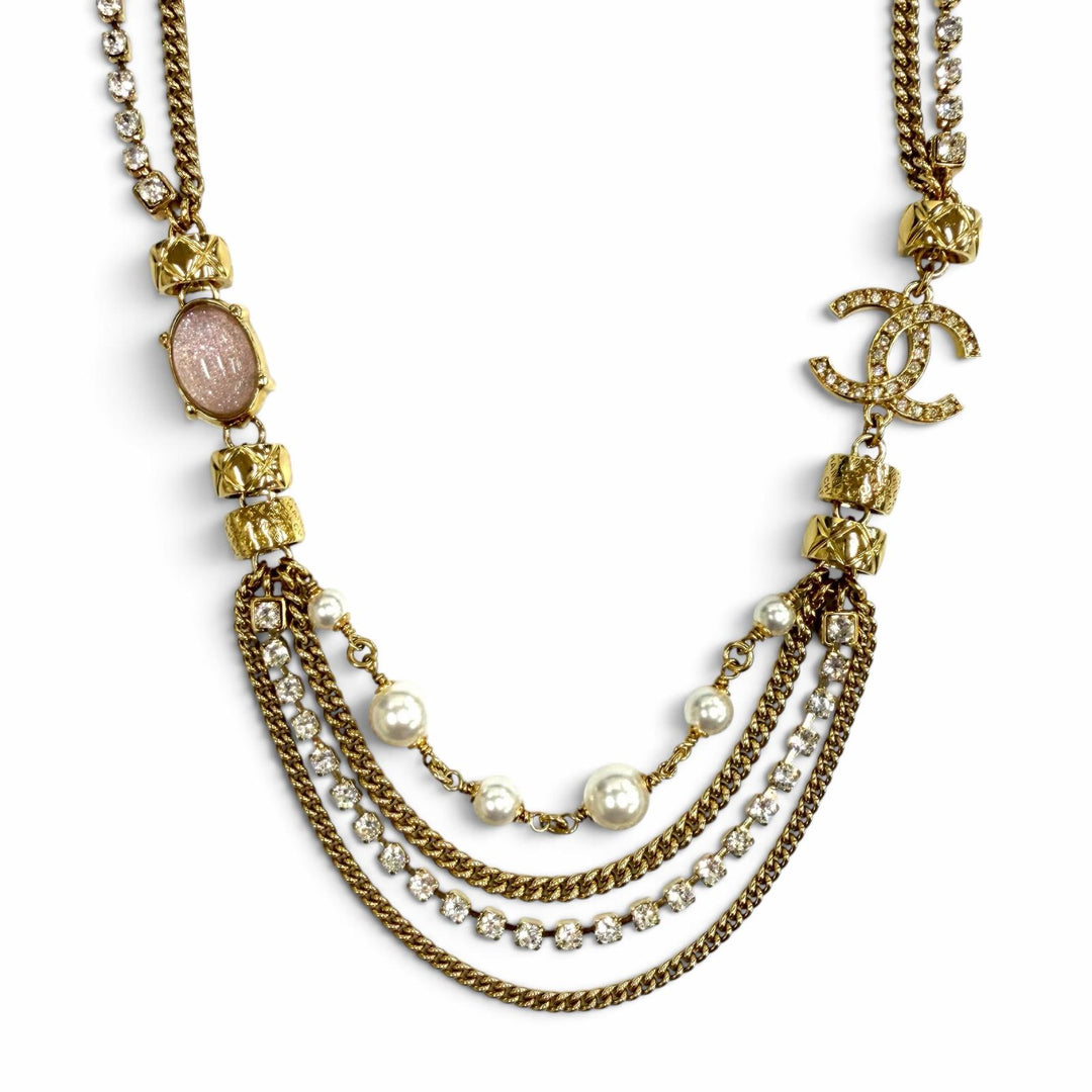 Excellent CHANEL Necklace COCO Mark Stone Crush Logo Chain gold Women C24P