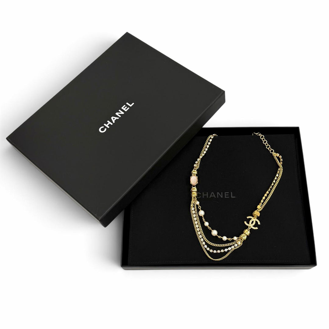 Excellent CHANEL Necklace COCO Mark Stone Crush Logo Chain gold Women C24P
