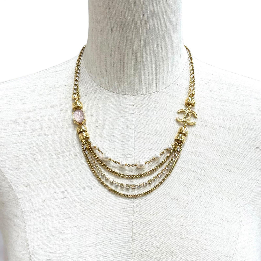 Excellent CHANEL Necklace COCO Mark Stone Crush Logo Chain gold Women C24P