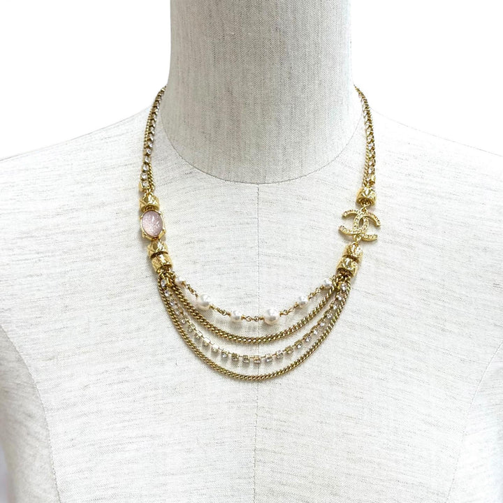 Excellent CHANEL Necklace COCO Mark Stone Crush Logo Chain gold Women C24P