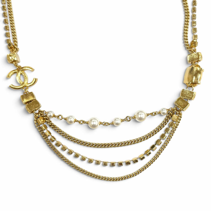 Excellent CHANEL Necklace COCO Mark Stone Crush Logo Chain gold Women C24P
