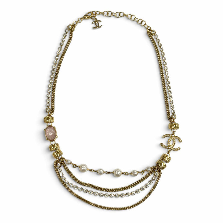 Excellent CHANEL Necklace COCO Mark Stone Crush Logo Chain gold Women C24P