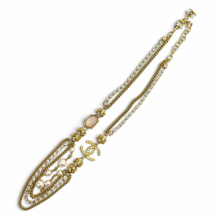 Excellent CHANEL Necklace COCO Mark Stone Crush Logo Chain gold Women C24P