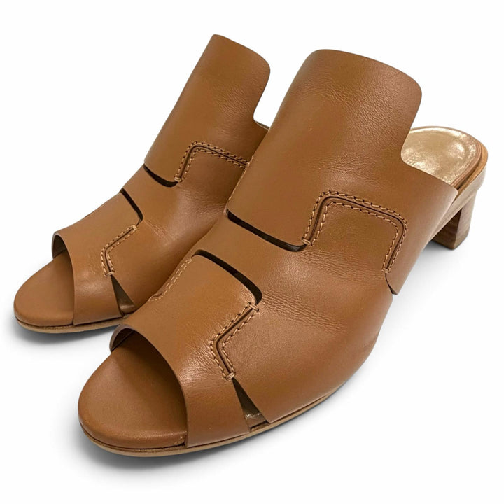Great HERMES Mule H logo cut leather heel sandals Brown Women 35.5 181050Z