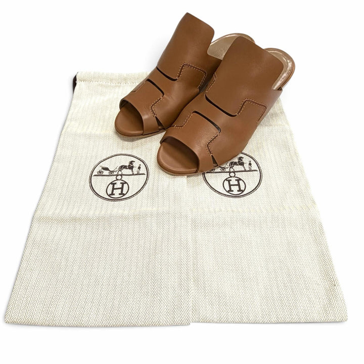 Great HERMES Mule H logo cut leather heel sandals Brown Women 35.5 181050Z