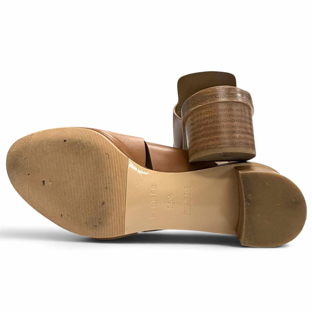 Great HERMES Mule H logo cut leather heel sandals Brown Women 35.5 181050Z