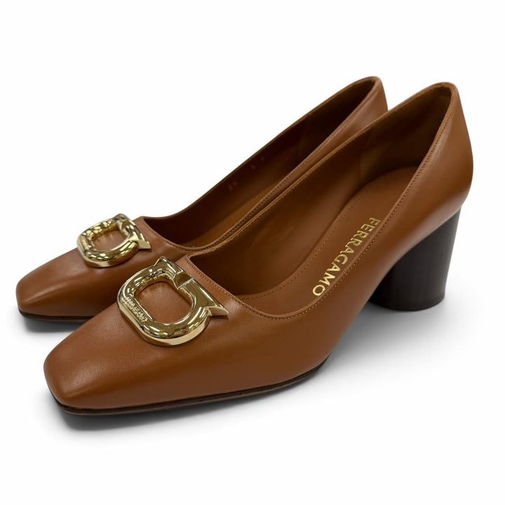 Excellent FERRAGAMO pumps Logo Metal Chunky Heel Leather Brown leather Women 6