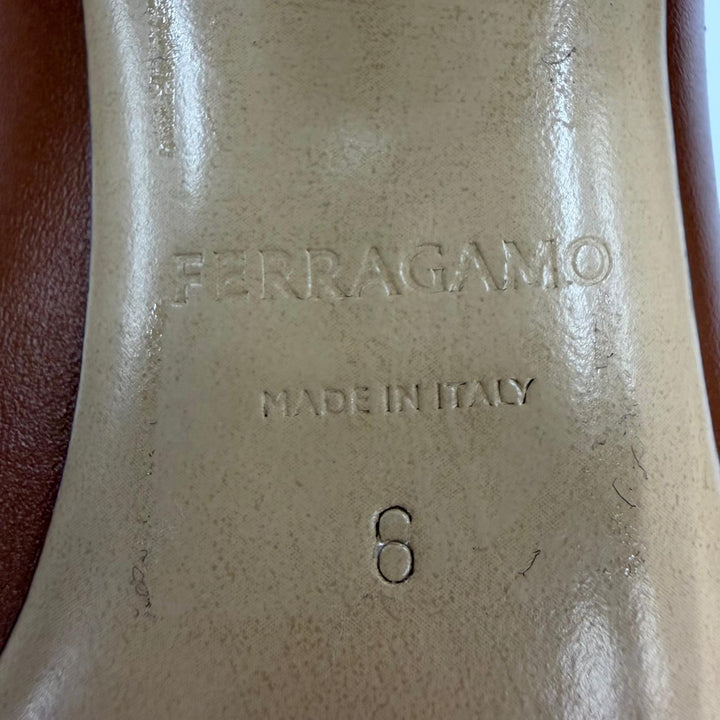 Excellent FERRAGAMO pumps Logo Metal Chunky Heel Leather Brown leather Women 6