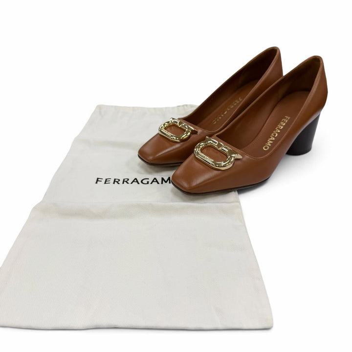Excellent FERRAGAMO pumps Logo Metal Chunky Heel Leather Brown leather Women 6