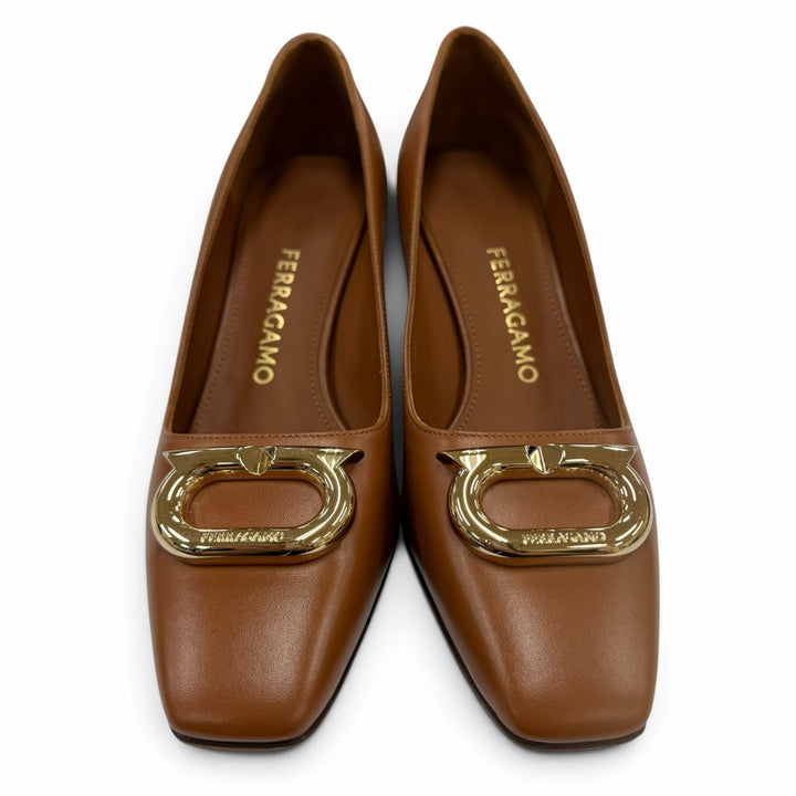 Excellent FERRAGAMO pumps Logo Metal Chunky Heel Leather Brown leather Women 6