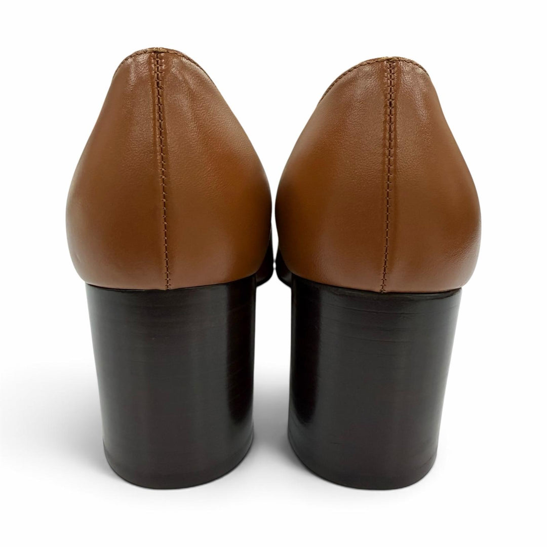 Excellent FERRAGAMO pumps Logo Metal Chunky Heel Leather Brown leather Women 6