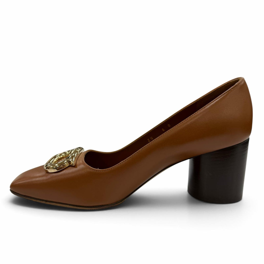 Excellent FERRAGAMO pumps Logo Metal Chunky Heel Leather Brown leather Women 6