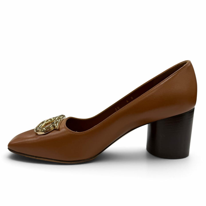 Excellent FERRAGAMO pumps Logo Metal Chunky Heel Leather Brown leather Women 6