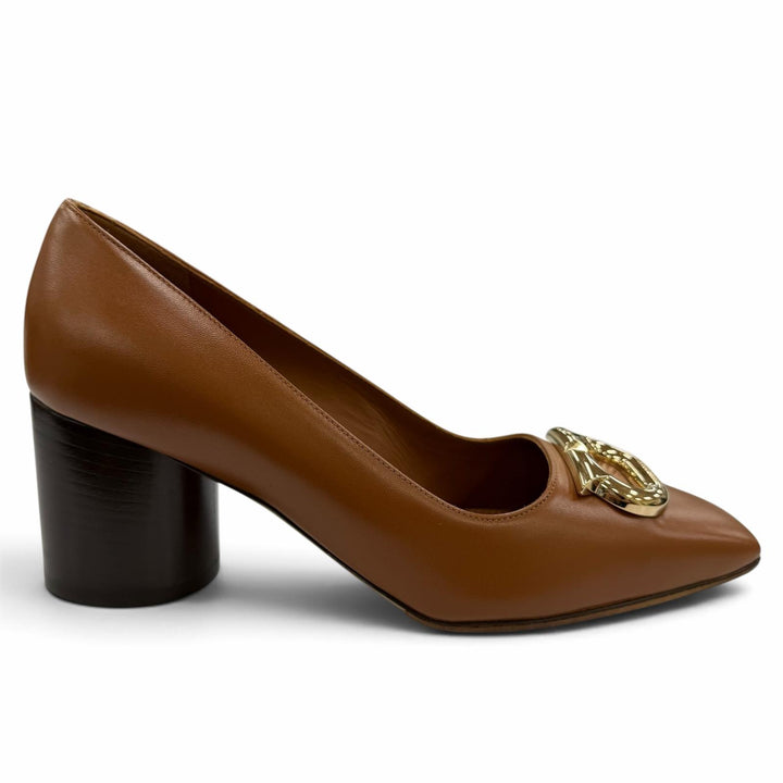 Excellent FERRAGAMO pumps Logo Metal Chunky Heel Leather Brown leather Women 6