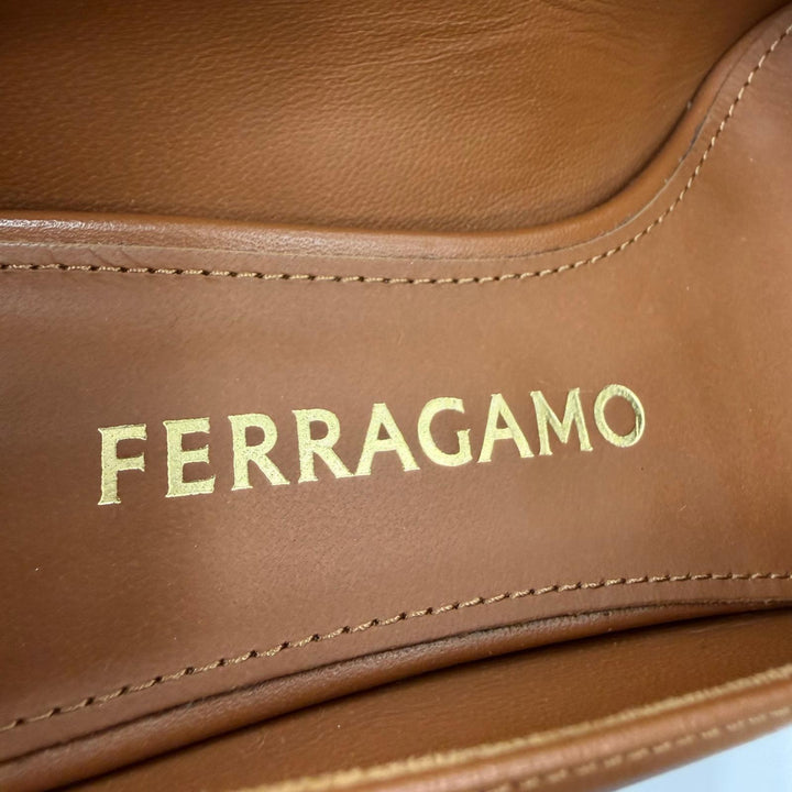 Excellent FERRAGAMO pumps Logo Metal Chunky Heel Leather Brown leather Women 6