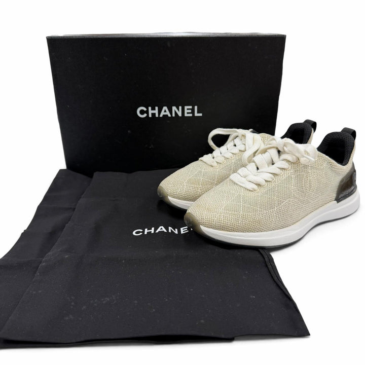 Great CHANEL Low cut sneakers COCO Mark Logo Lace-up beige Women 36 G37129