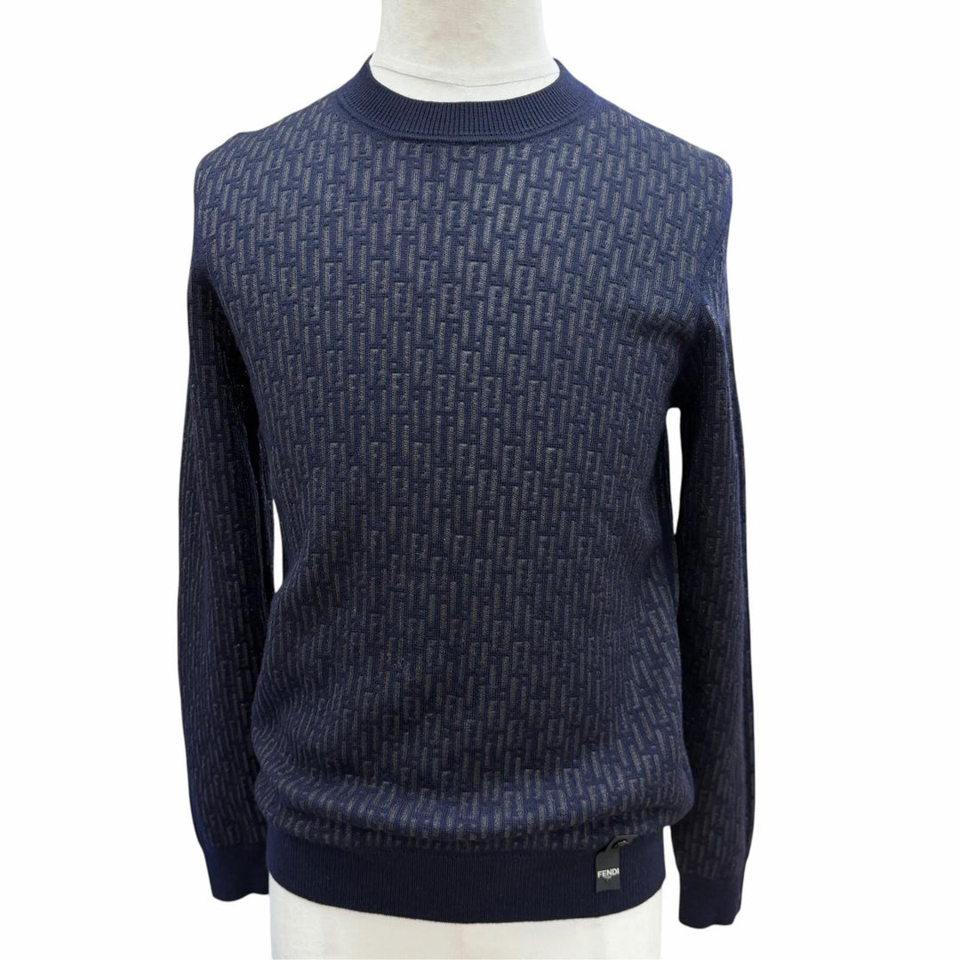 Great FENDI sweater Openwork Zucca knit crew neck sweater Navy wool 44 FZX091