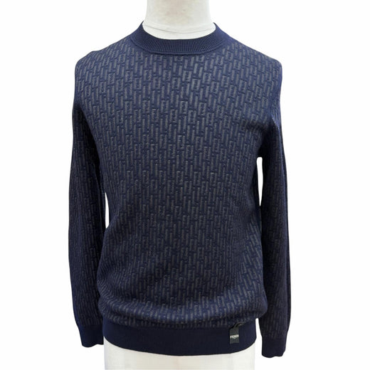 Great FENDI sweater Openwork Zucca knit crew neck sweater Navy wool 44 FZX091