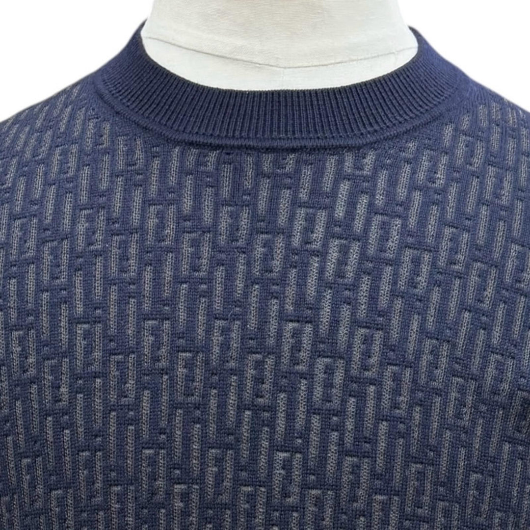 Great FENDI sweater Openwork Zucca knit crew neck sweater Navy wool 44 FZX091