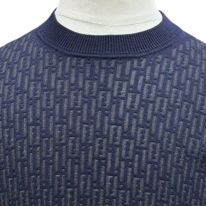 Great FENDI sweater Openwork Zucca knit crew neck sweater Navy wool 44 FZX091