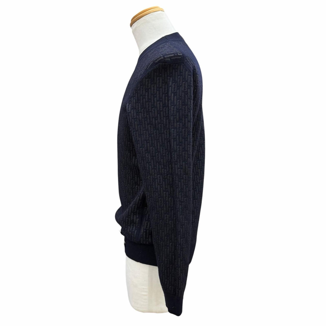 Great FENDI sweater Openwork Zucca knit crew neck sweater Navy wool 44 FZX091