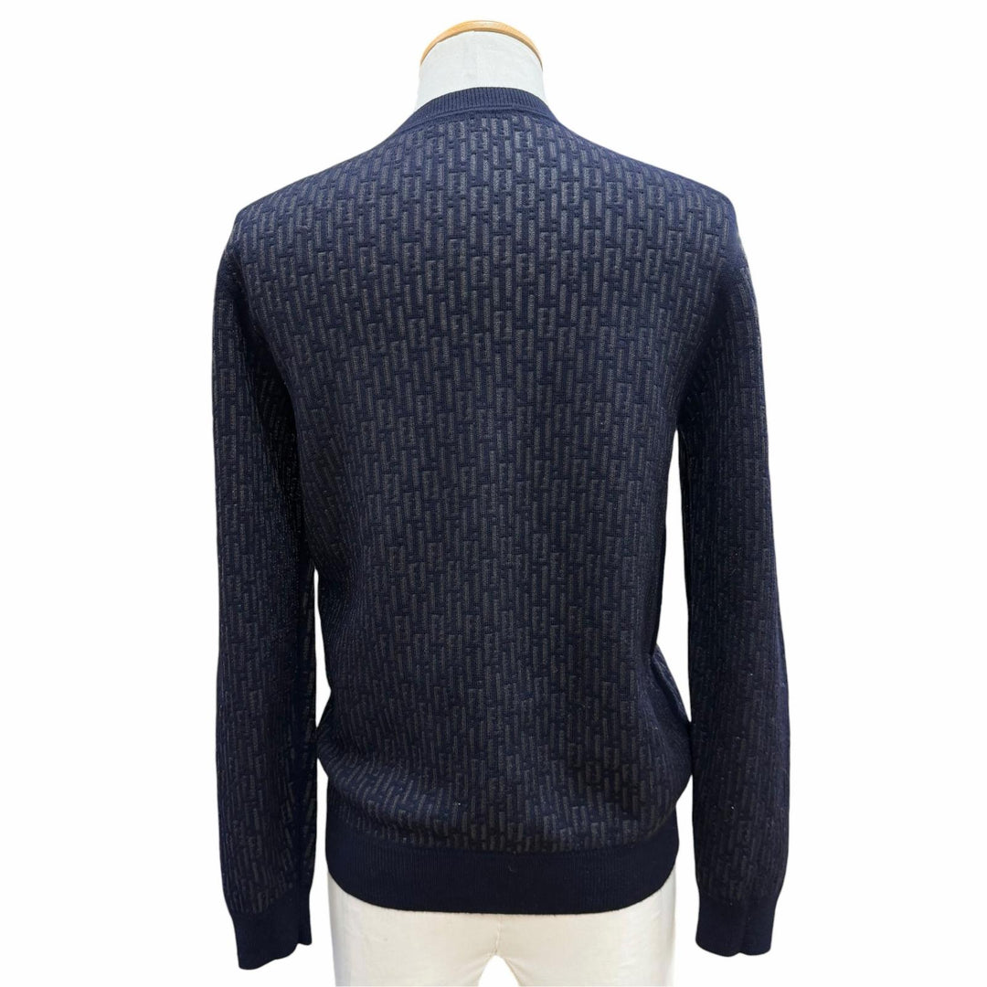 Great FENDI sweater Openwork Zucca knit crew neck sweater Navy wool 44 FZX091