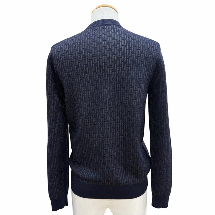 Great FENDI sweater Openwork Zucca knit crew neck sweater Navy wool 44 FZX091