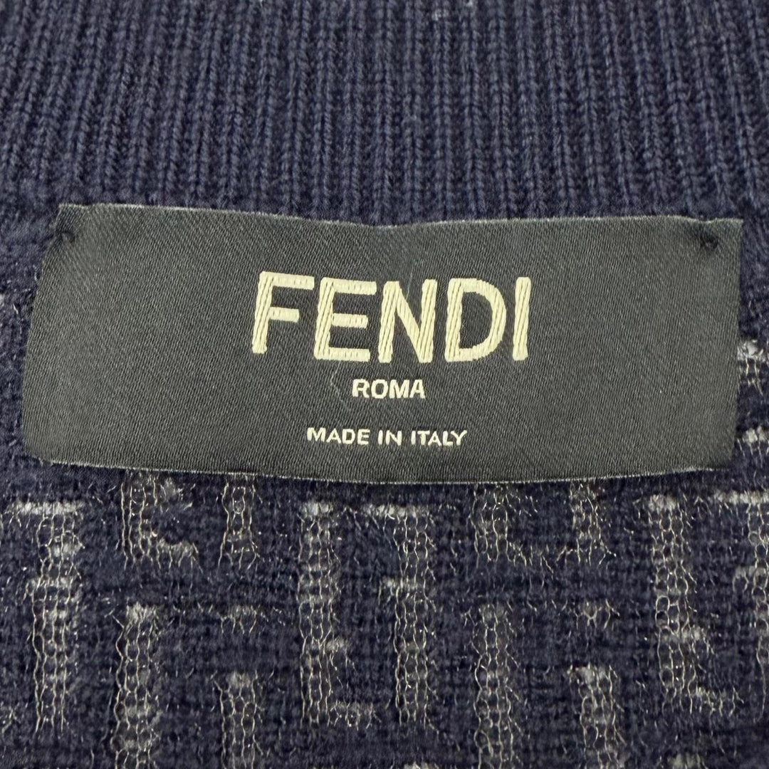 Great FENDI sweater Openwork Zucca knit crew neck sweater Navy wool 44 FZX091