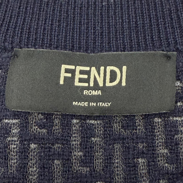 Great FENDI sweater Openwork Zucca knit crew neck sweater Navy wool 44 FZX091