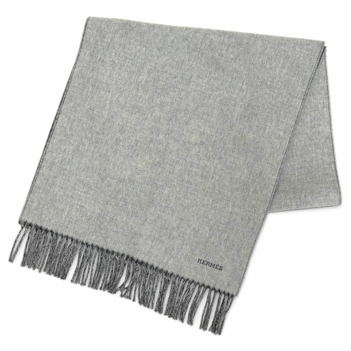 Pristine HERMES Scarf Recto Verso Logo embroidered fringe bicolor stole cashmere