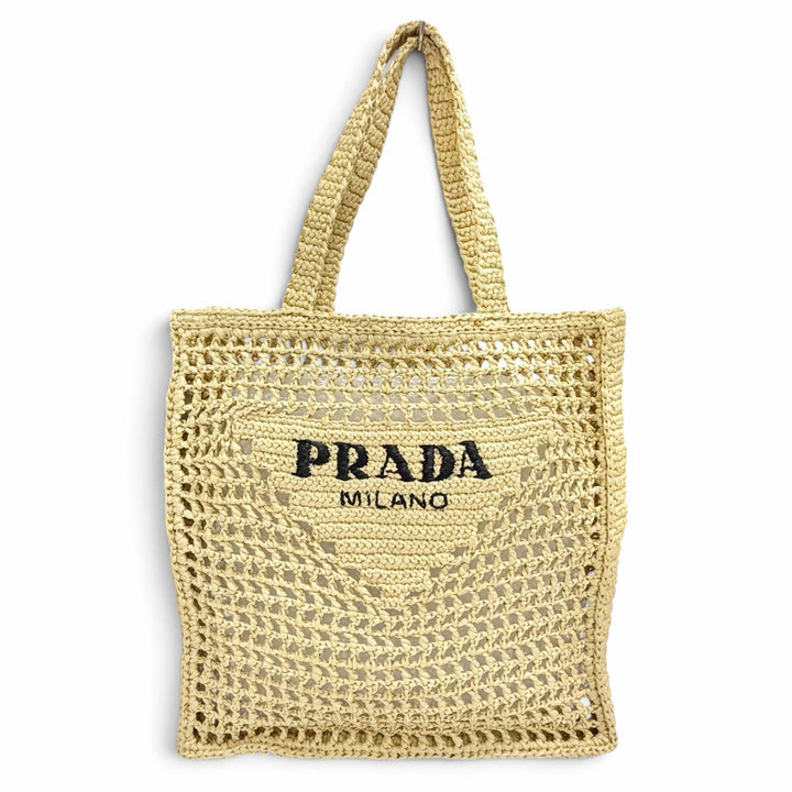 Excellent PRADA Tote Bag Triangle logo raffia crochet natural Raffia 1BG393