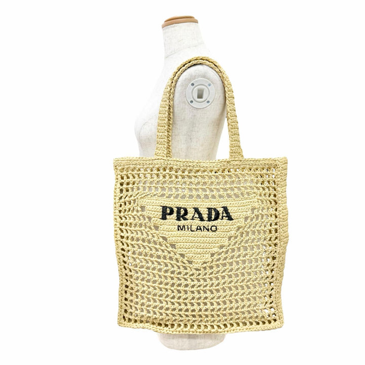 Excellent PRADA Tote Bag Triangle logo raffia crochet natural Raffia 1BG393