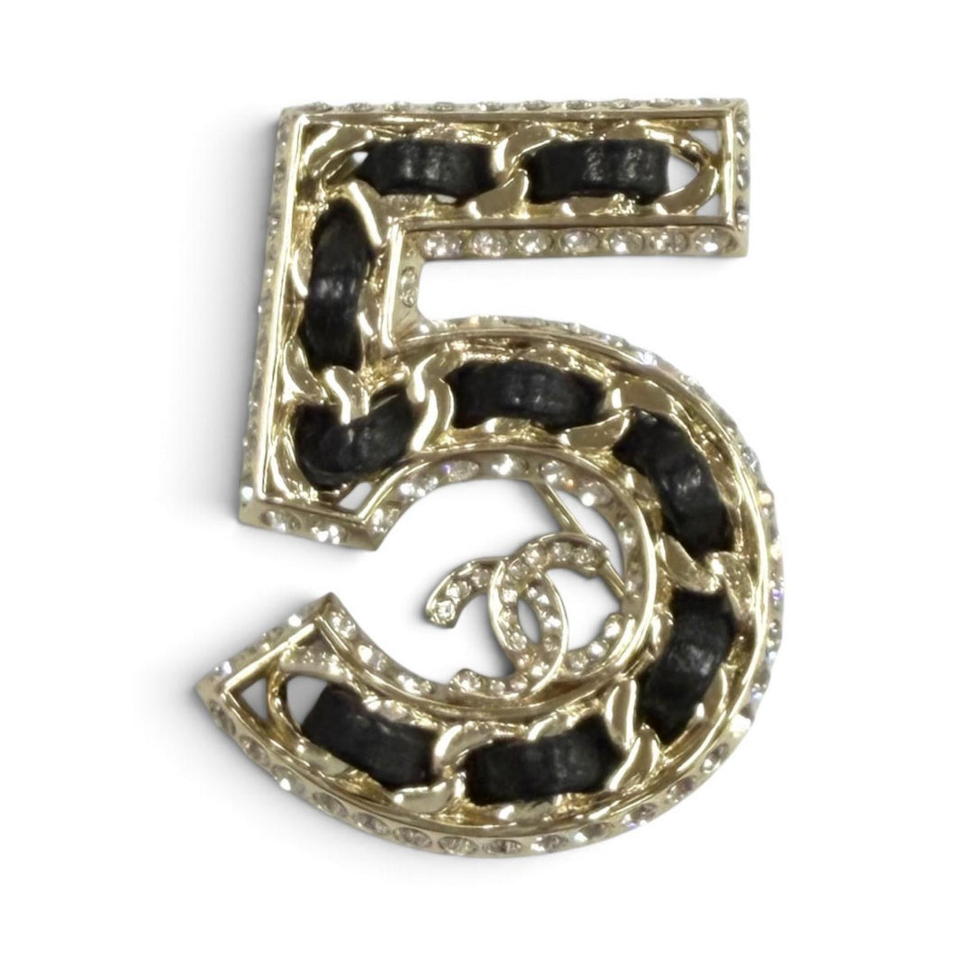 Excellent CHANEL Brooch NO.5 COCO Mark Rhinestone Chain Motif Crystal black B23P