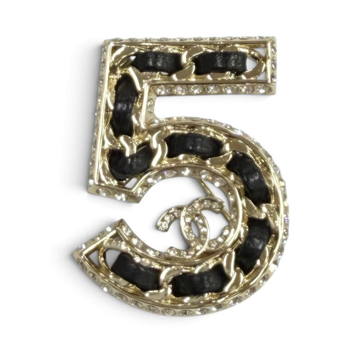 Excellent CHANEL Brooch NO.5 COCO Mark Rhinestone Chain Motif Crystal black B23P