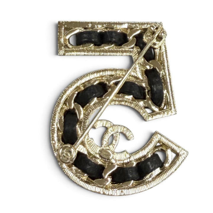 Excellent CHANEL Brooch NO.5 COCO Mark Rhinestone Chain Motif Crystal black B23P