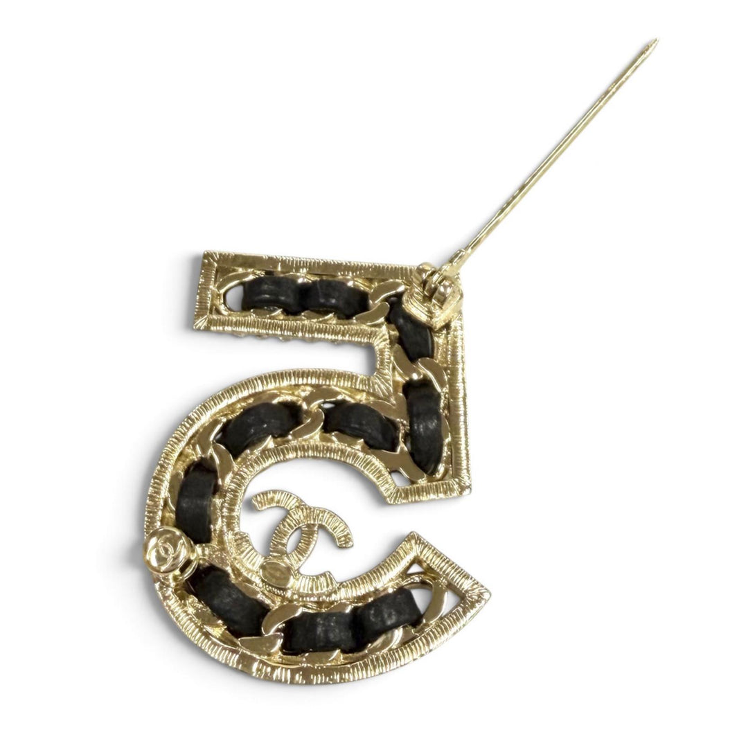 Excellent CHANEL Brooch NO.5 COCO Mark Rhinestone Chain Motif Crystal black B23P
