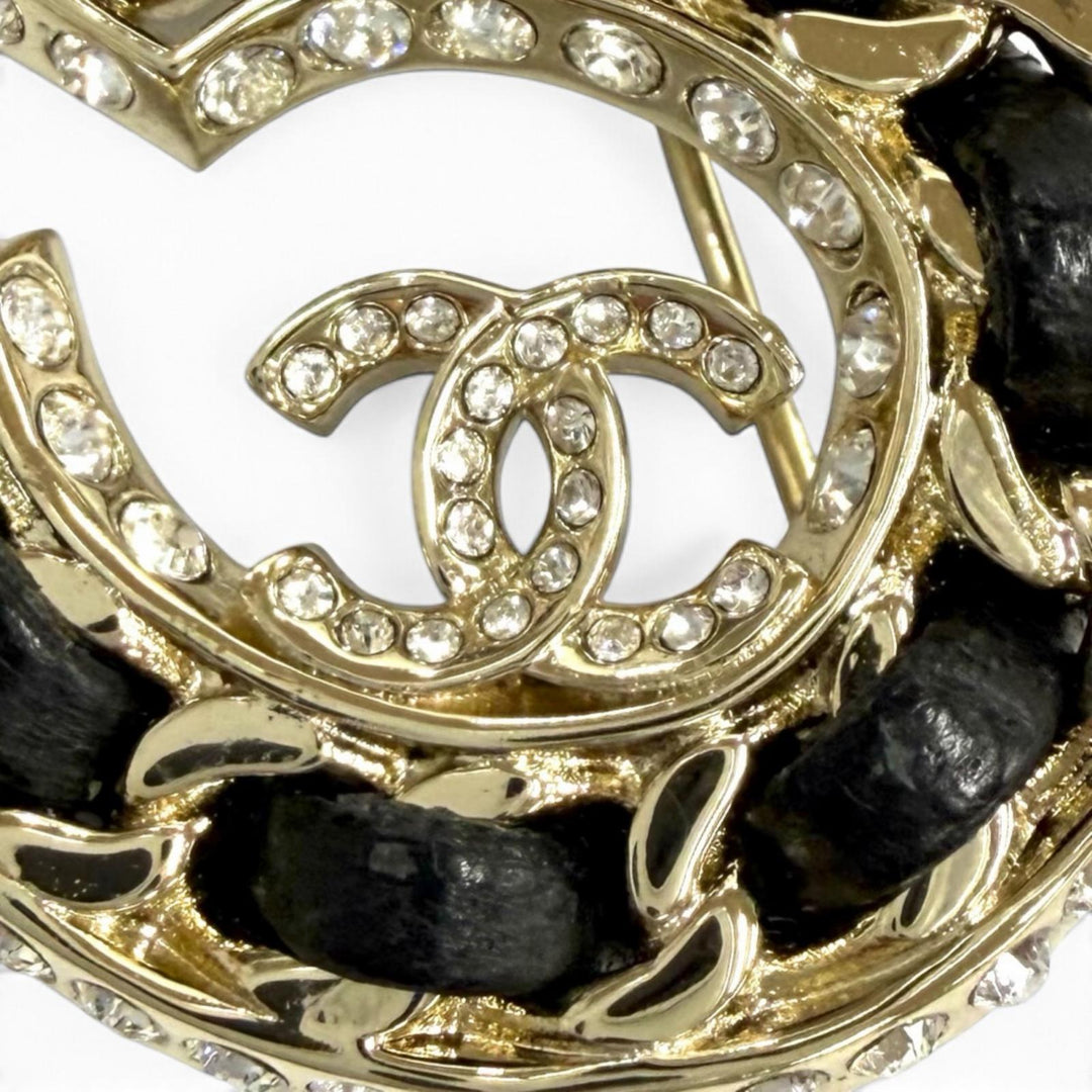 Excellent CHANEL Brooch NO.5 COCO Mark Rhinestone Chain Motif Crystal black B23P