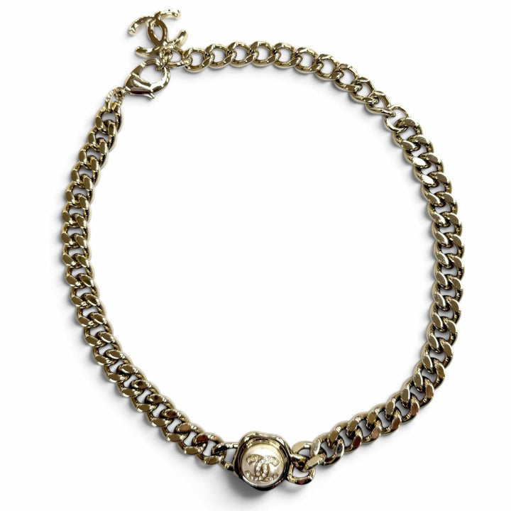 Excellent CHANEL Necklace Rhinestone COCO Mark Eco Pearl Cuban Link Choker B22S