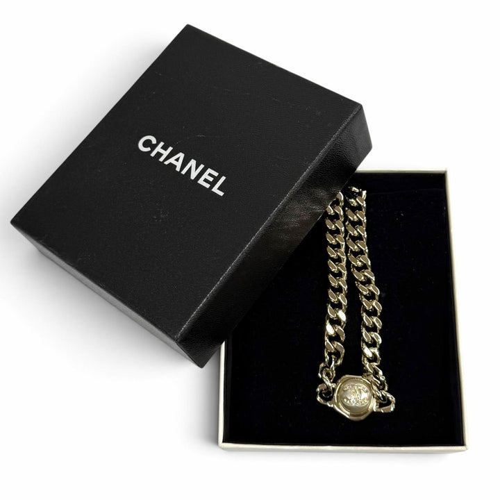 Excellent CHANEL Necklace Rhinestone COCO Mark Eco Pearl Cuban Link Choker B22S