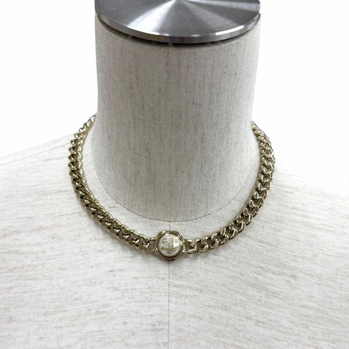 Excellent CHANEL Necklace Rhinestone COCO Mark Eco Pearl Cuban Link Choker B22S