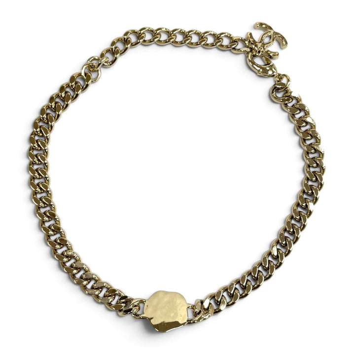 Excellent CHANEL Necklace Rhinestone COCO Mark Eco Pearl Cuban Link Choker B22S