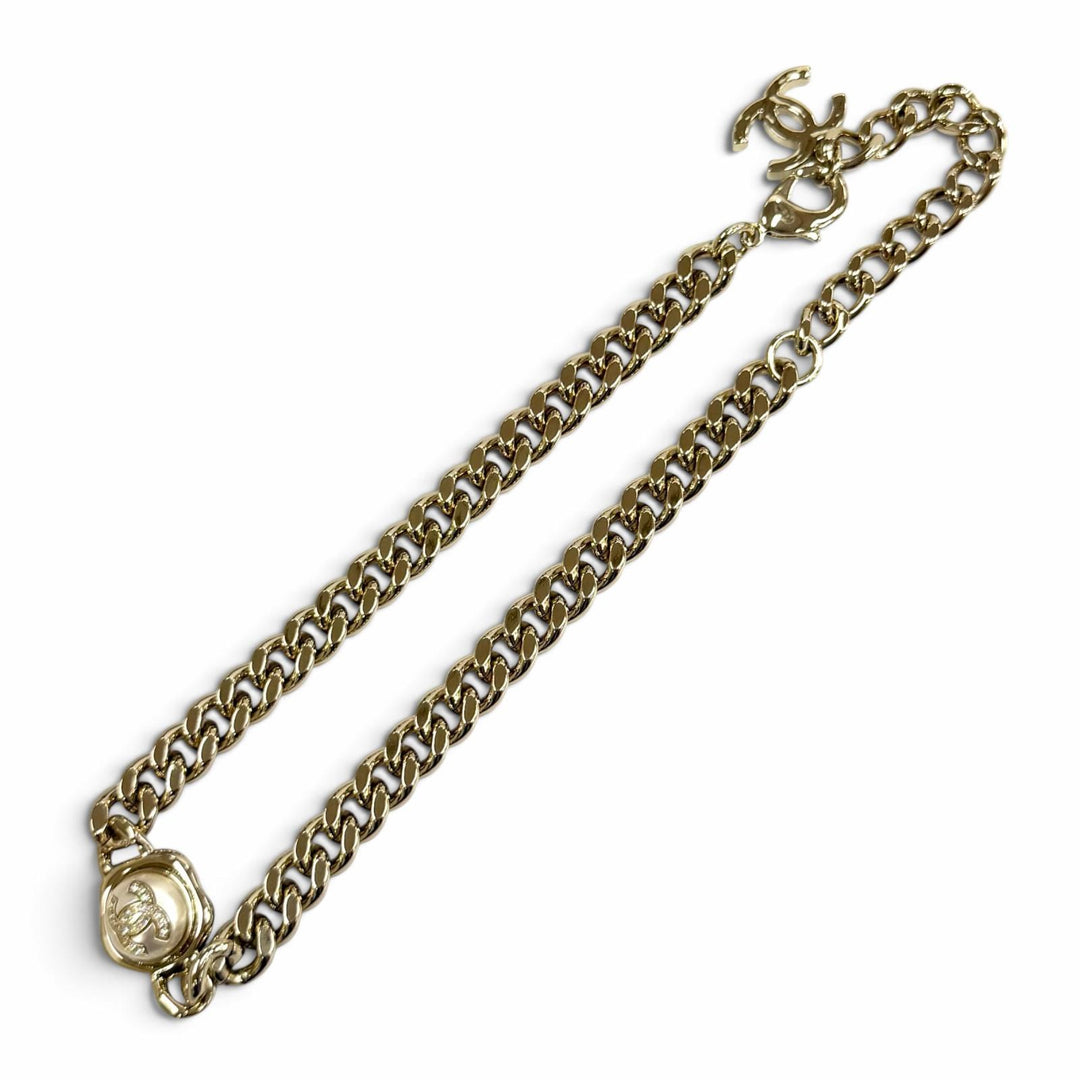 Excellent CHANEL Necklace Rhinestone COCO Mark Eco Pearl Cuban Link Choker B22S