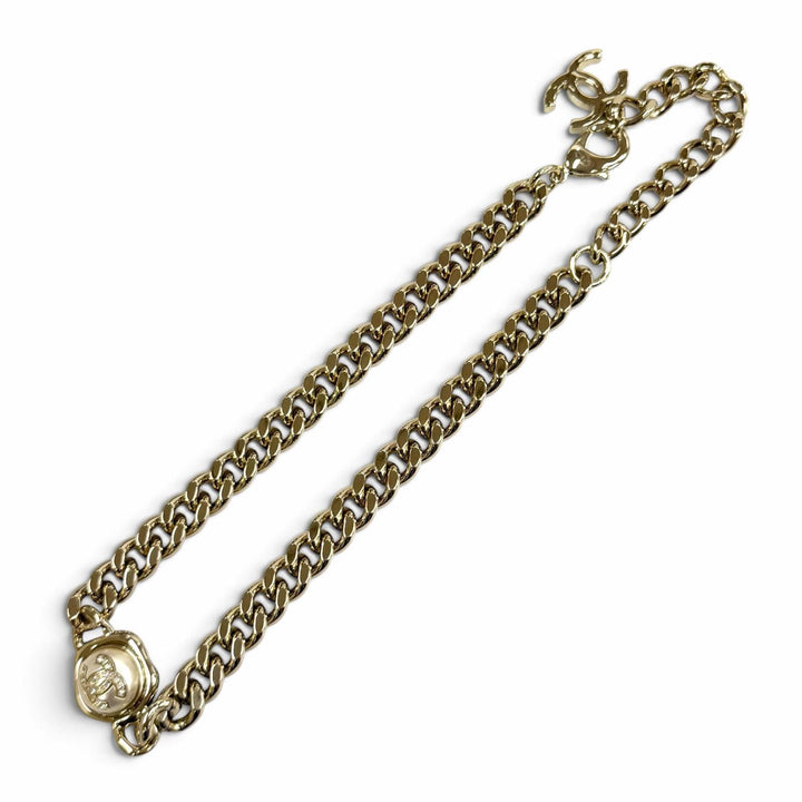 Excellent CHANEL Necklace Rhinestone COCO Mark Eco Pearl Cuban Link Choker B22S