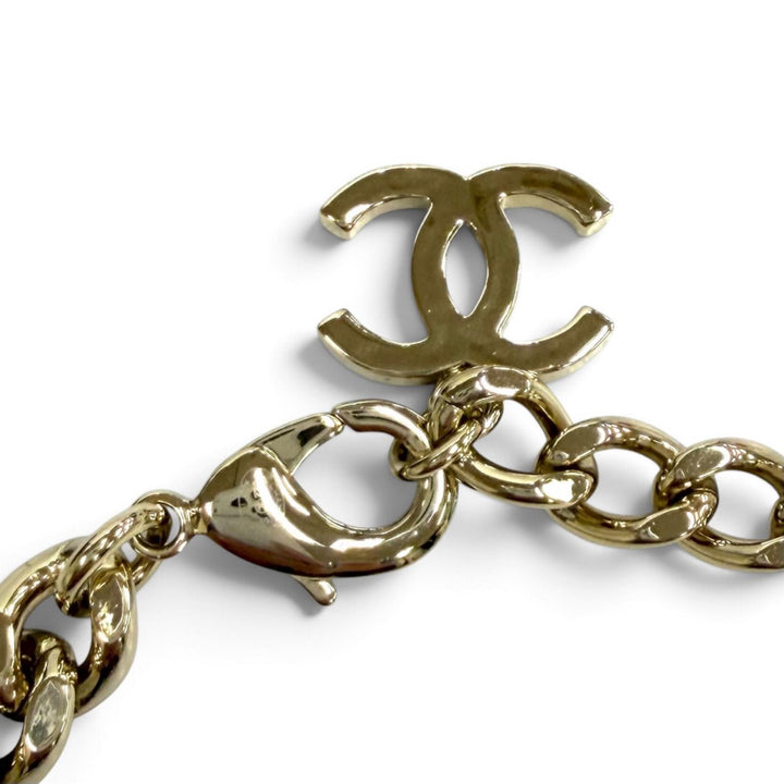 Excellent CHANEL Necklace Rhinestone COCO Mark Eco Pearl Cuban Link Choker B22S