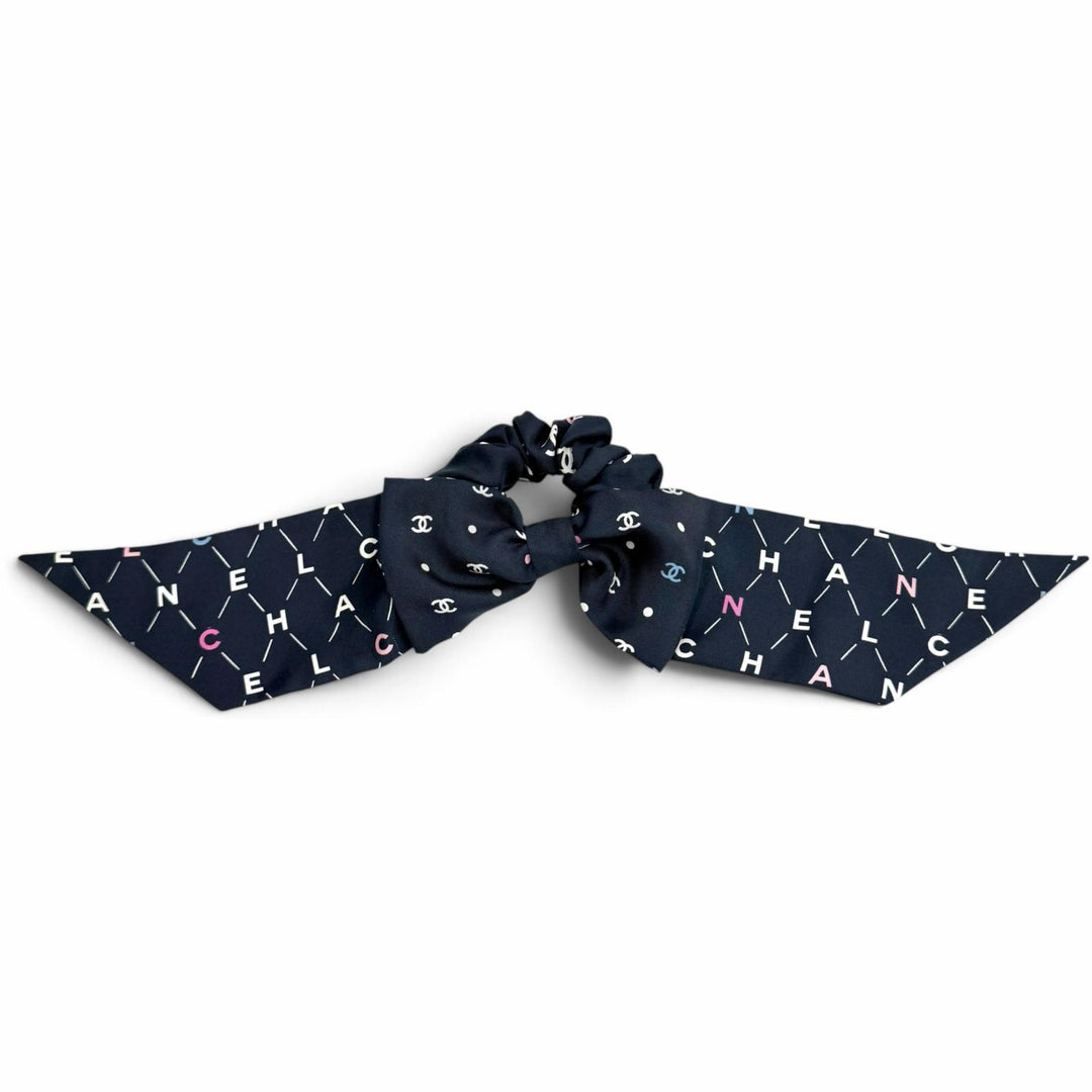 Great CHANEL Shush COCO Mark Logo Design Ribbon Navy silk Women