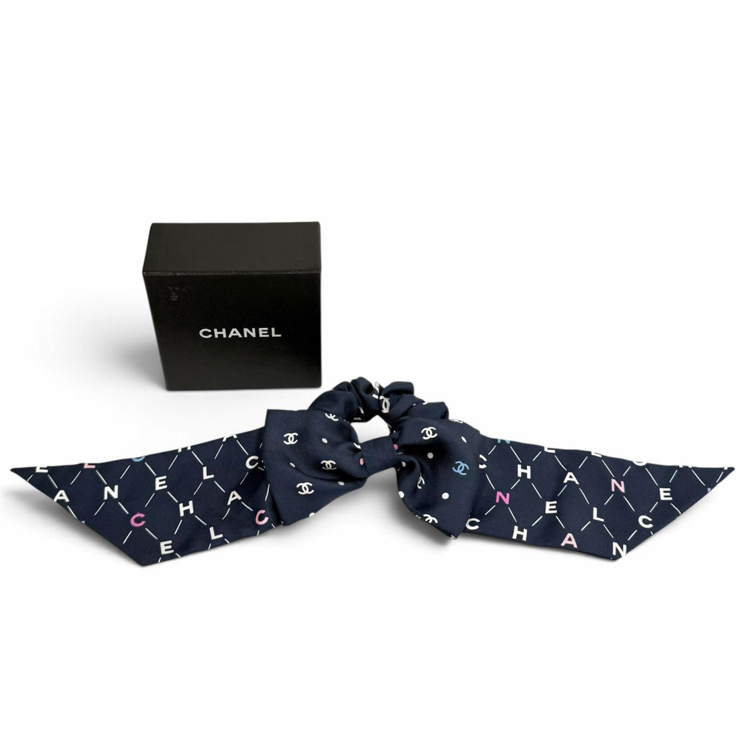Great CHANEL Shush COCO Mark Logo Design Ribbon Navy silk Women